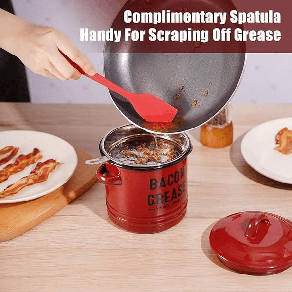 Top Christmas Gift 2025 🎅-42 oz bacon grease container with strainer and food-grade silicone spatula