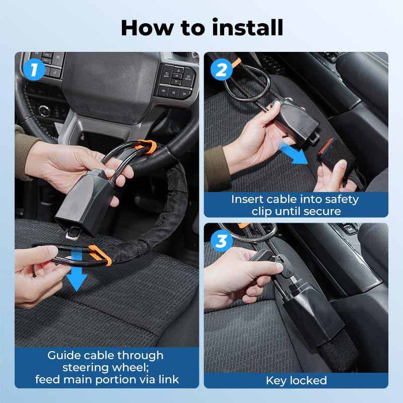Universal Steering Wheel Lock with Seat Belt Clip (Includes 3 Keys)
