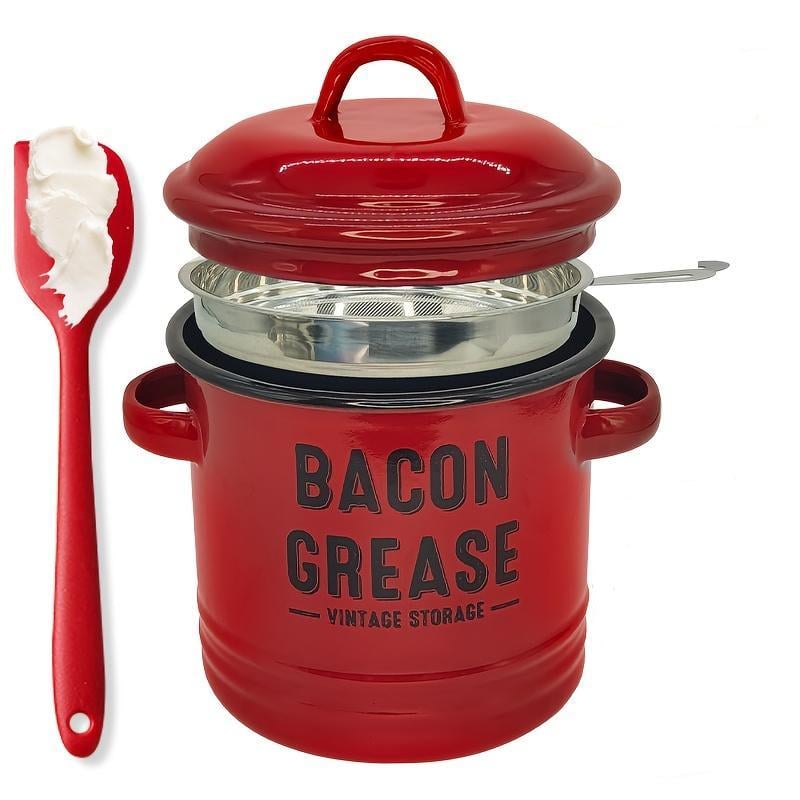 Top Christmas Gift 2025 🎅-42 oz bacon grease container with strainer and food-grade silicone spatula